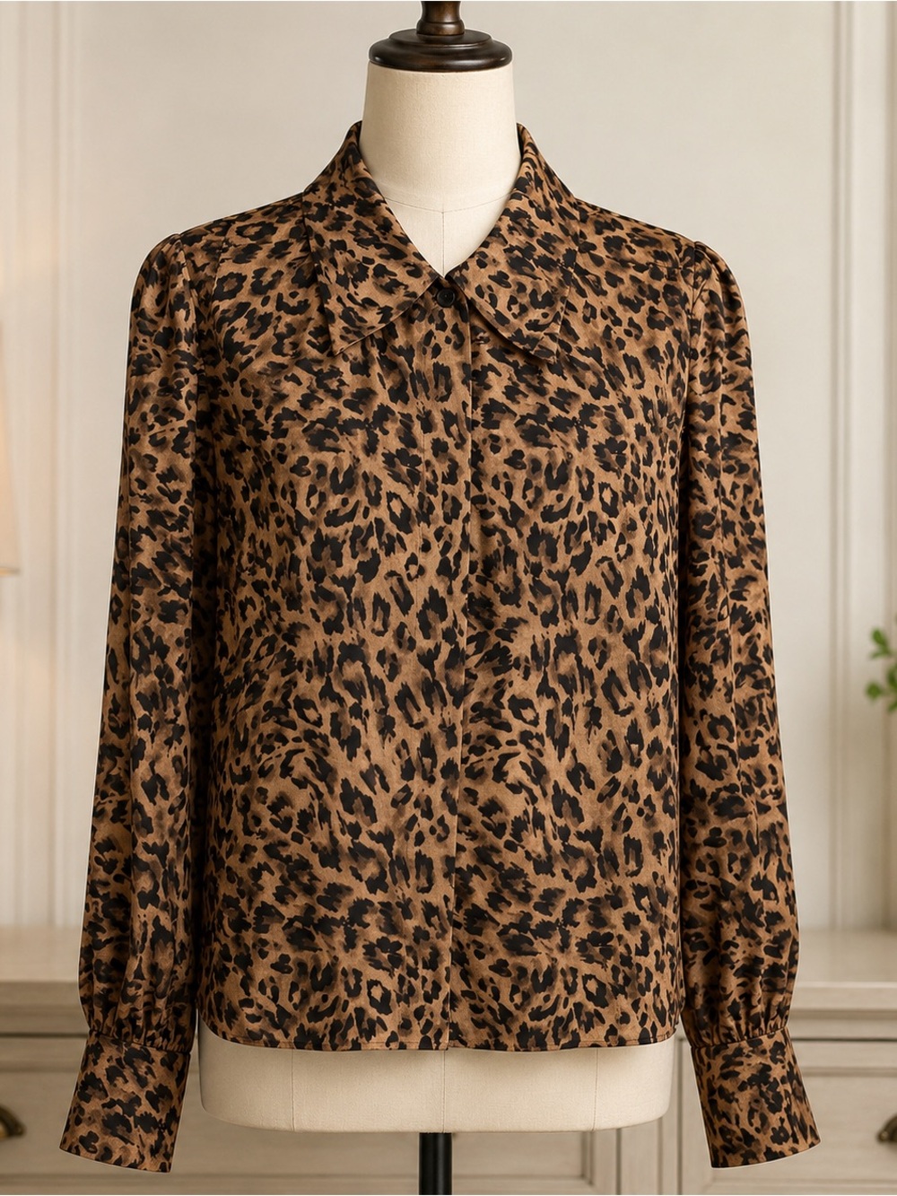 DKNY Leopard Print Button-Up Blouse - Brown & Black